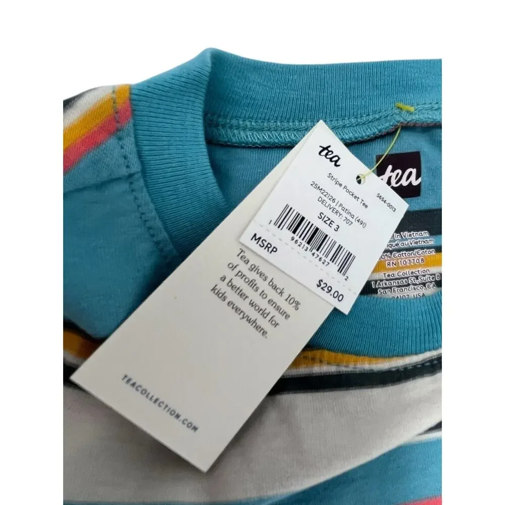 Tea Collection Striped Pocket Tee | 100% Cotton Jersey | Short Sleeve | NWT